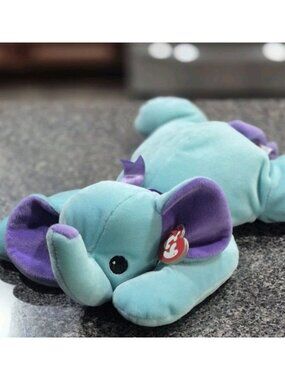 1998 Ty Pillow Pals Squirt Elephant Teal Blue Purple Bow Plush Stuffed Animal